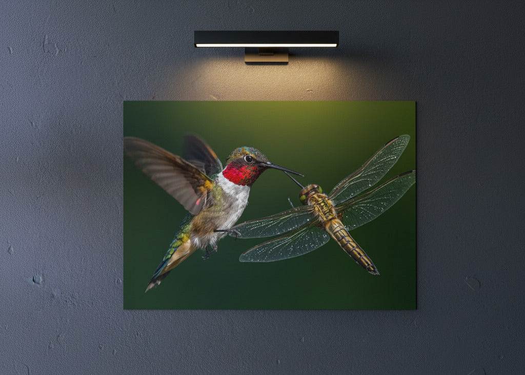 Aluminiumdruck Naturfotografie Libelle und Kolibri in Galerieatmosphäre