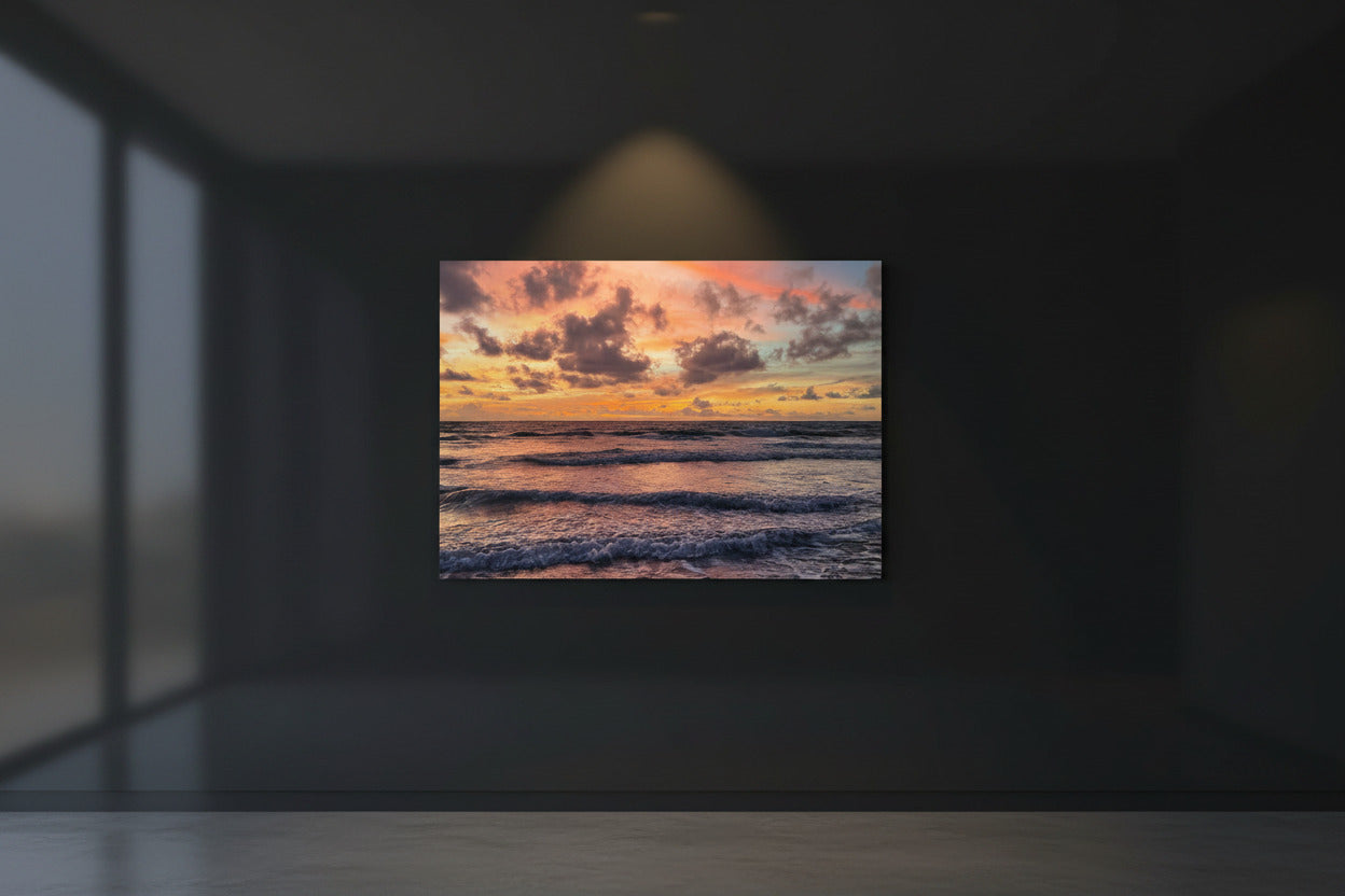 Aluminium Kunstdruck Sunrise Beach in Galerie-Atmosphäre – Sonnenaufgang am Strand Metallbild an der Wand