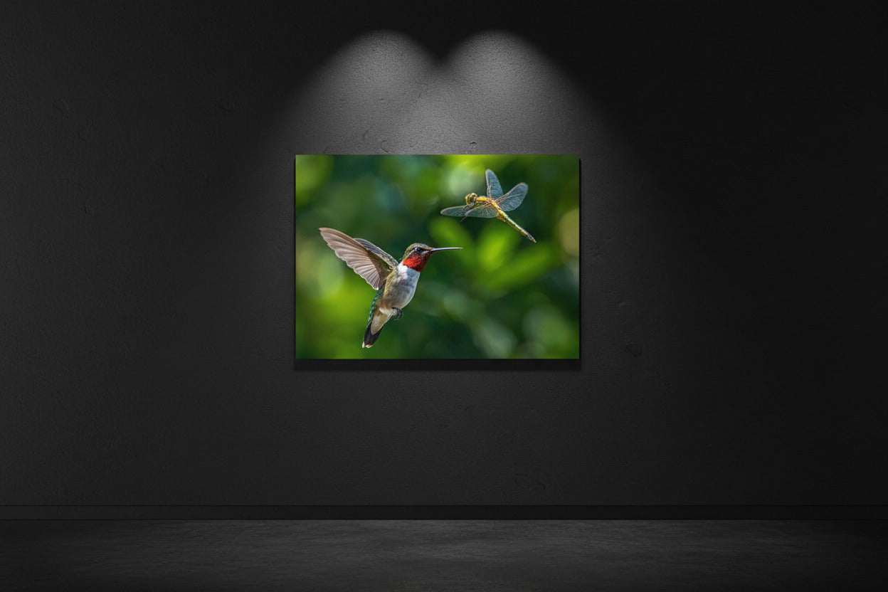 Kolibri und Libelle Aluminium Kunstdruck im Wohnzimmer – Naturfotografie Metallbild an der Wand