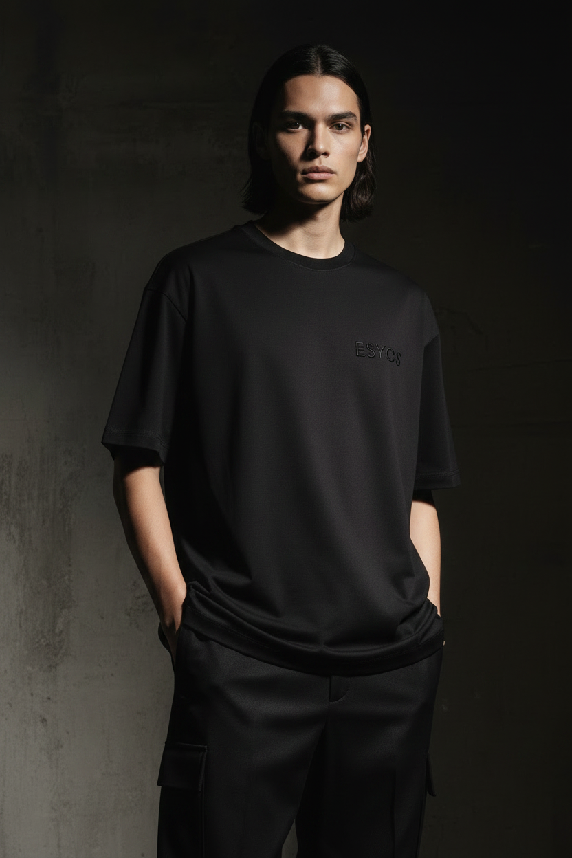weißer Mann mit schwarzen Haaren trägt schwarzes tshirt und schwarze hose. Gesichtsaufnahme
